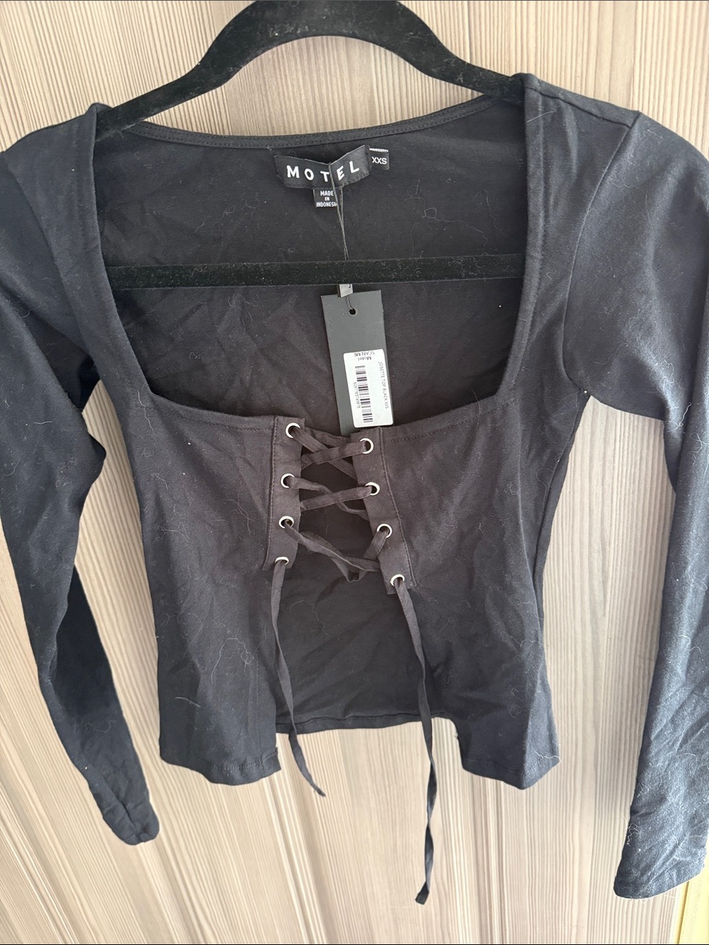 Motel Rocks Black Lace-Up Square Neck Long Sleeve Top